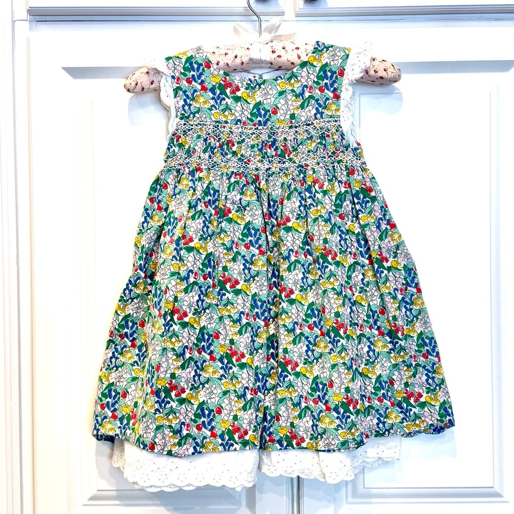 Mini Boden Floral Cotton Kids Dress with Lace Trim